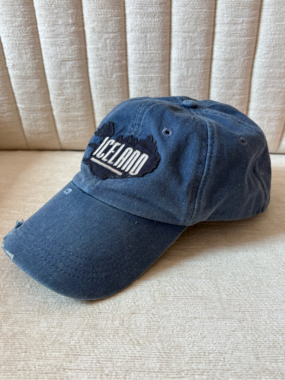 Iceland Embroidered Distressed Blue Hat Vintage Denim Leather Strap Baseball Cap